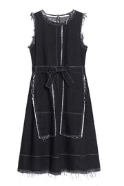 Frayed Detail Belted Sleeveless Denim Dress - Ruby's Fashion