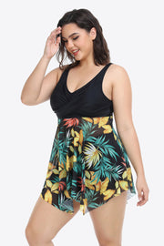 Plus Size Floral Two-Tone Asymmetrical Hem Two-Piece Swimsuit - Ruby's Fashion