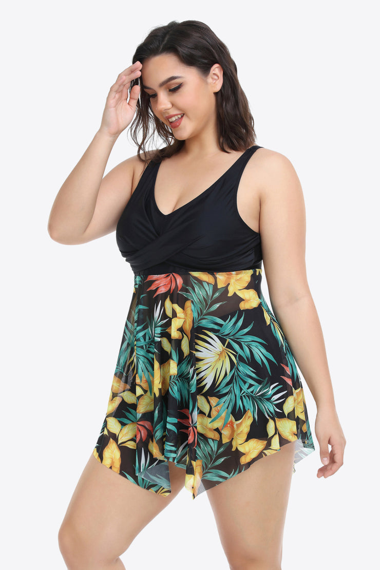 Plus Size Floral Two-Tone Asymmetrical Hem Two-Piece Swimsuit - Ruby's Fashion