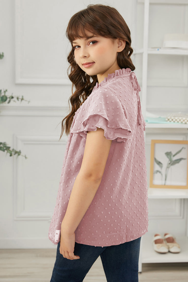 Girls Swiss Dot Smocked Flutter Sleeve Blouse - Ruby's Fashion