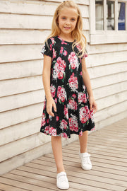 Girls Floral Round Neck Short Sleeve Dress with Pockets - Ruby's Fashion