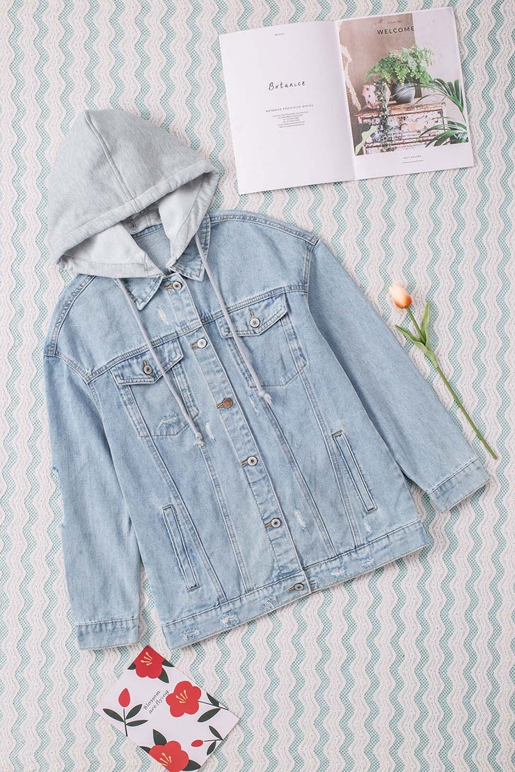 Distressed Hooded Denim Jacket - Ruby's Fashion