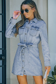 Button Down Collared Neck Belted Denim Dress - Ruby's Fashion