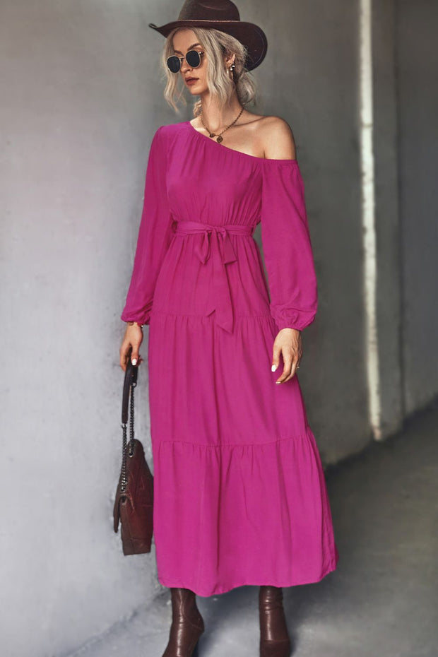 Belted One-Shoulder Tiered Maxi Dress - Ruby's Fashion