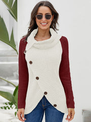 Contrast Decorative Button Turtleneck Sweater