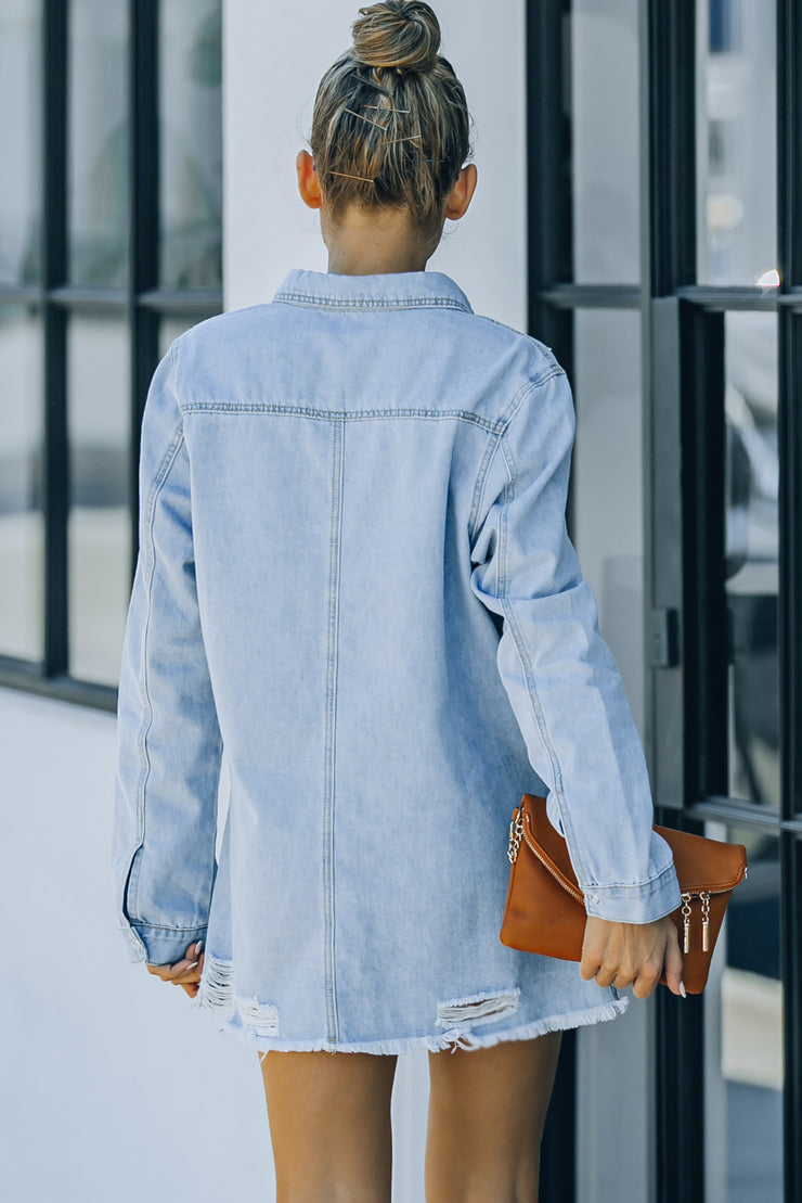 Distressed Snap Down Denim Jacket - Ruby's Fashion