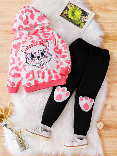 Girls Animal Print Graphic Hoodie and Joggers Set - Ruby's Fashion