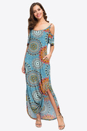 Slit Scoop Neck Cold-Shoulder Maxi Dress