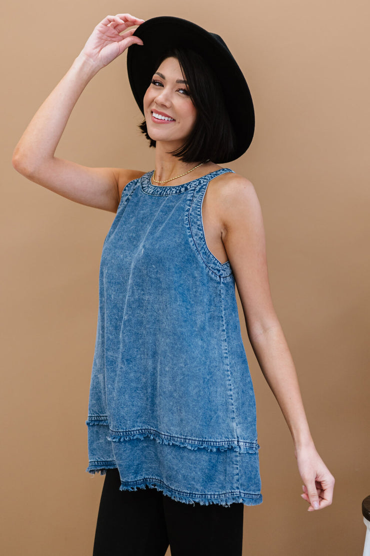 Doe & Rae Forever Young Mineral Wash Denim Sleeveless Top - Ruby's Fashion