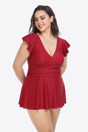 Plus Size Ruffled Plunge Swim Dress and Bottoms Set - Ruby's Fashion