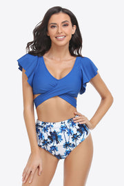 Two-Tone Flutter Sleeve Tied Two-Piece Swimsuit - Ruby's Fashion