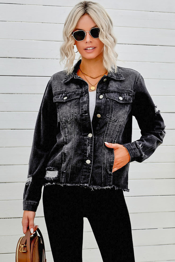 Distressed Raw Hem Denim Jacket - Ruby's Fashion