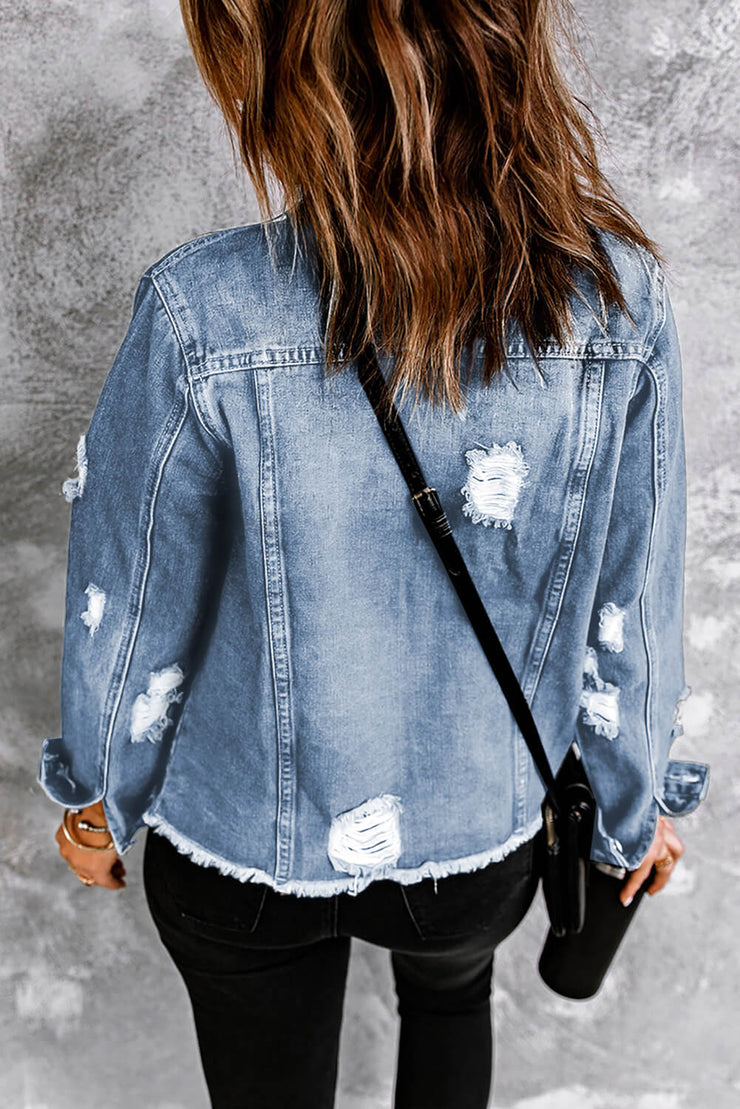 Distressed Raw Hem Denim Jacket - Ruby's Fashion