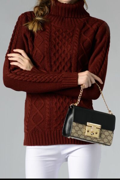 Cable-Knit Turtleneck Long Sleeve Sweater