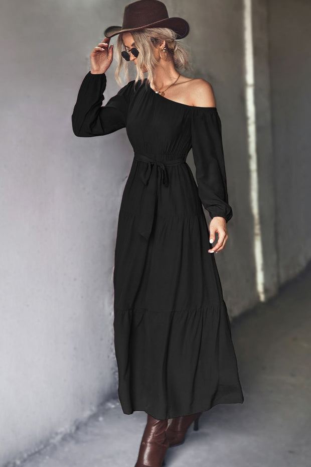 Belted One-Shoulder Tiered Maxi Dress - Ruby's Fashion